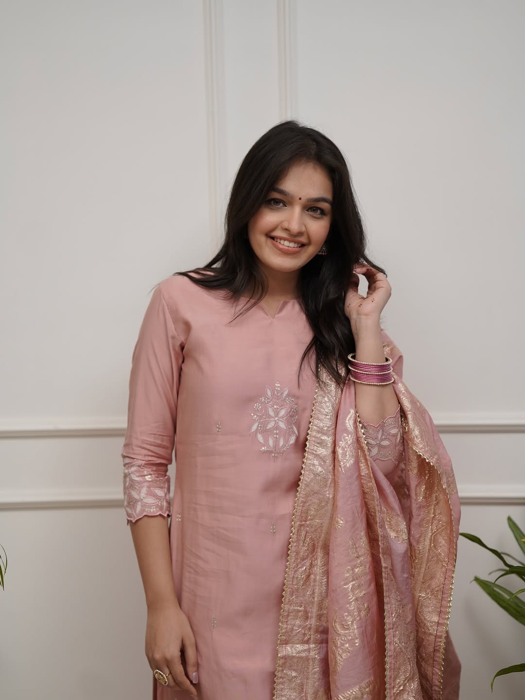Blush Peach PV Chanderi Embroidered Straight Kurta Set