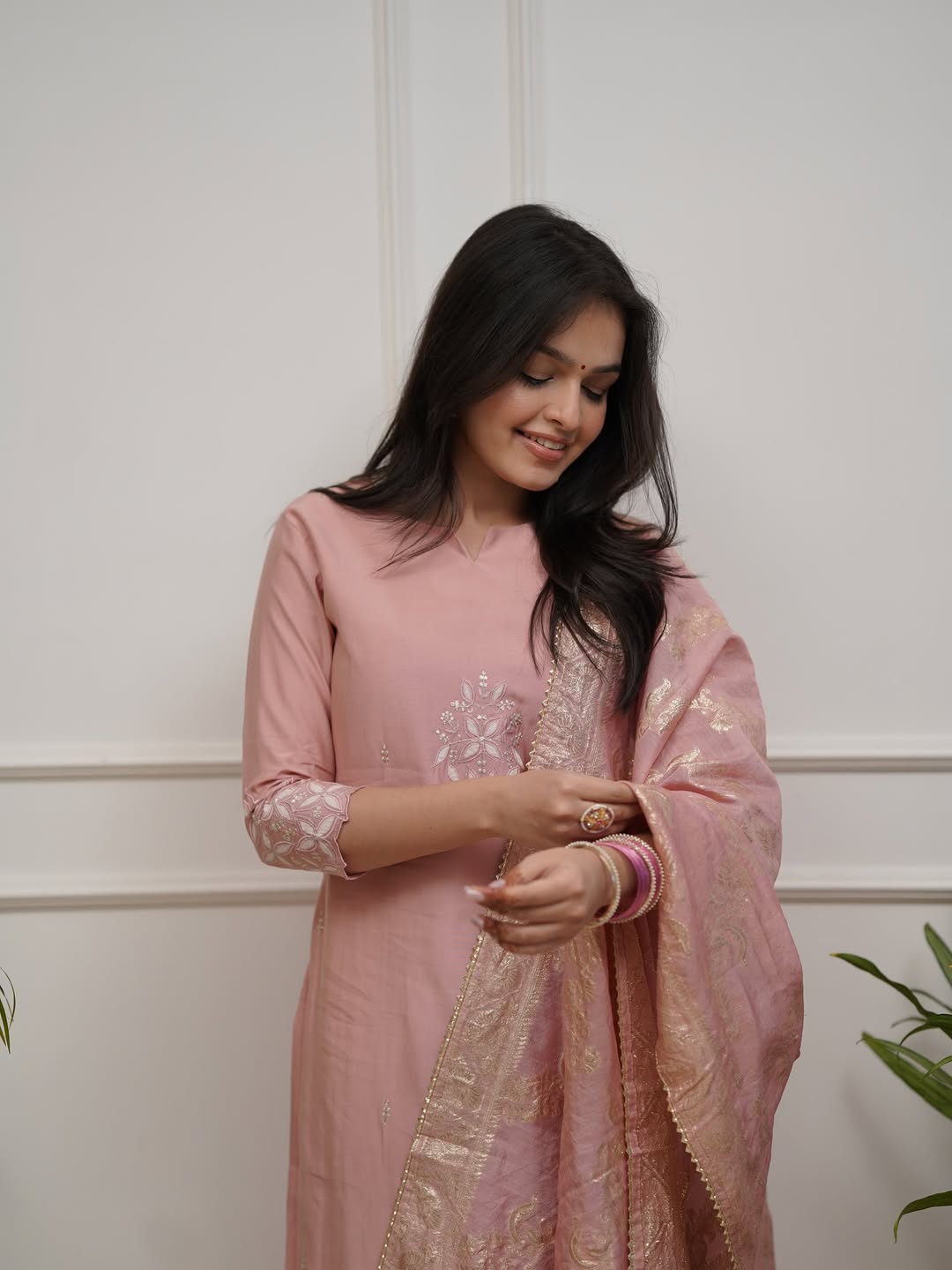 Blush Peach PV Chanderi Embroidered Straight Kurta Set
