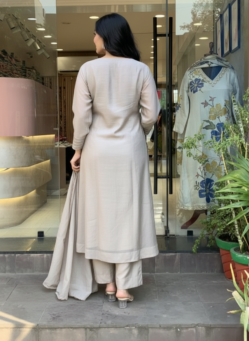 Muted Grey Muslin Cotton V-Neck Floral Embroidered Kurta Set