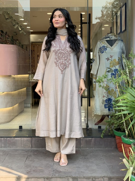 Muted Grey Muslin Cotton V-Neck Floral Embroidered Kurta Set