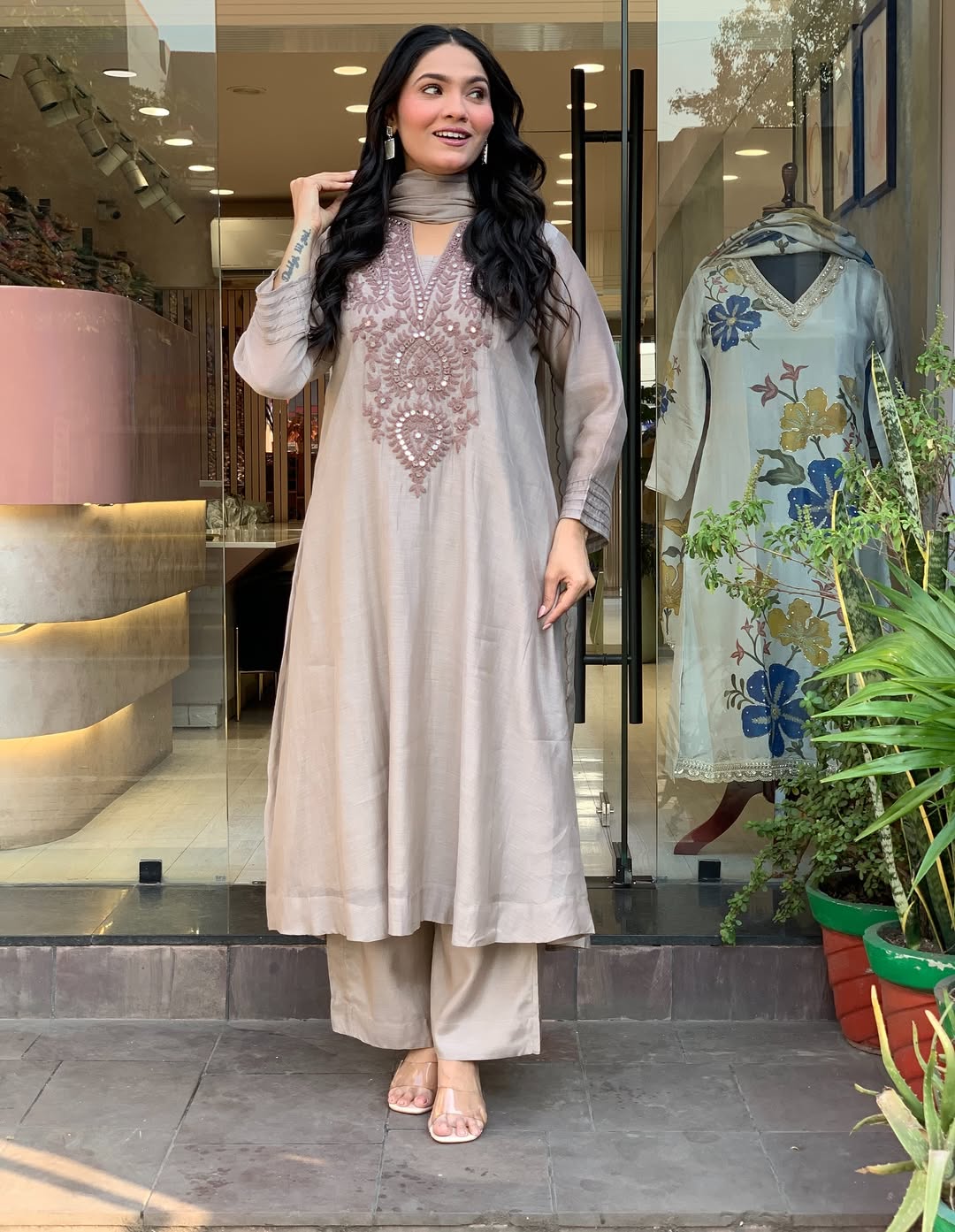 Muted Grey Muslin Cotton V-Neck Floral Embroidered Kurta Set