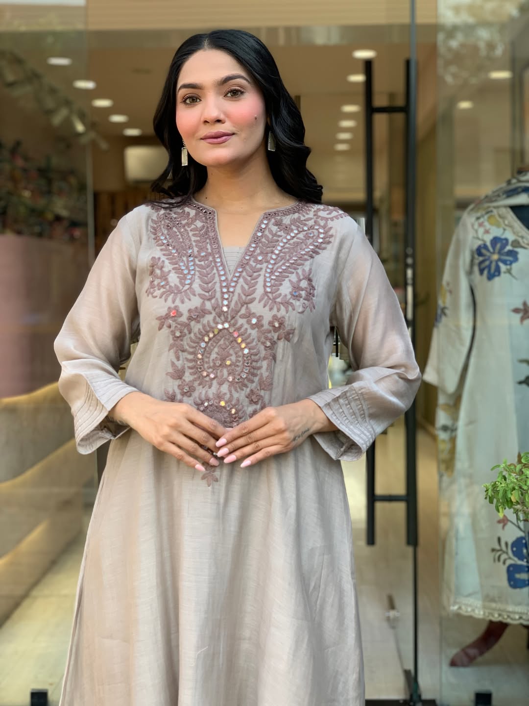 Muted Grey Muslin Cotton V-Neck Floral Embroidered Kurta Set