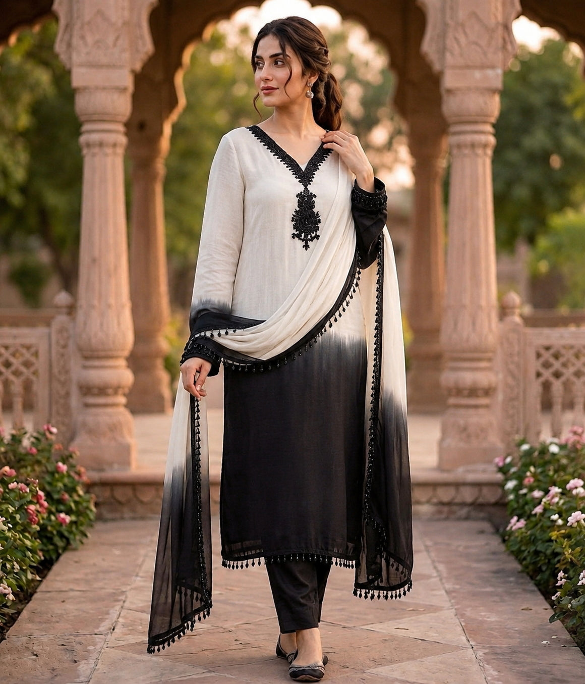 White And Black Crepe Silk Pakistani Readymade Suit