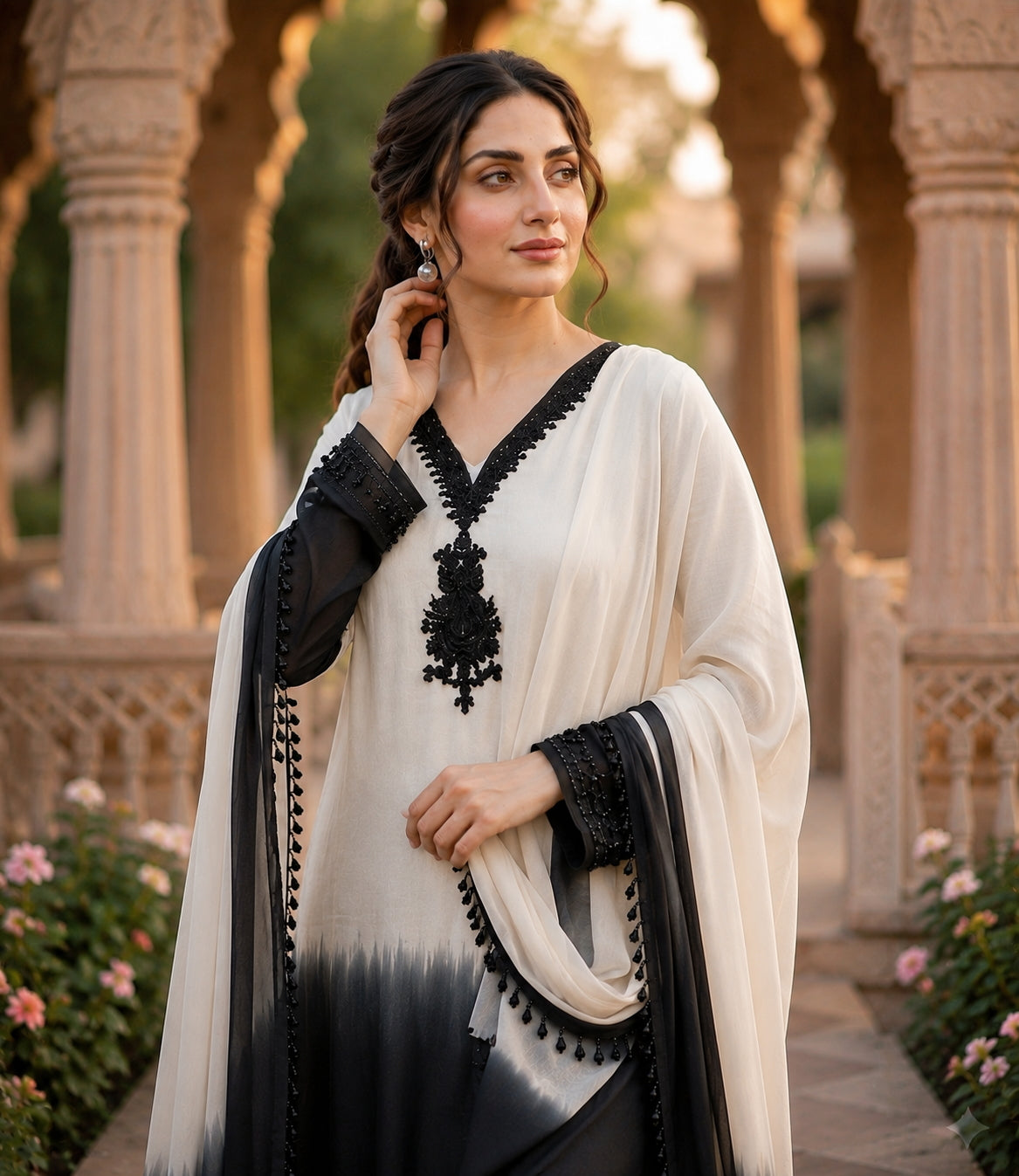 White And Black Crepe Silk Pakistani Readymade Suit