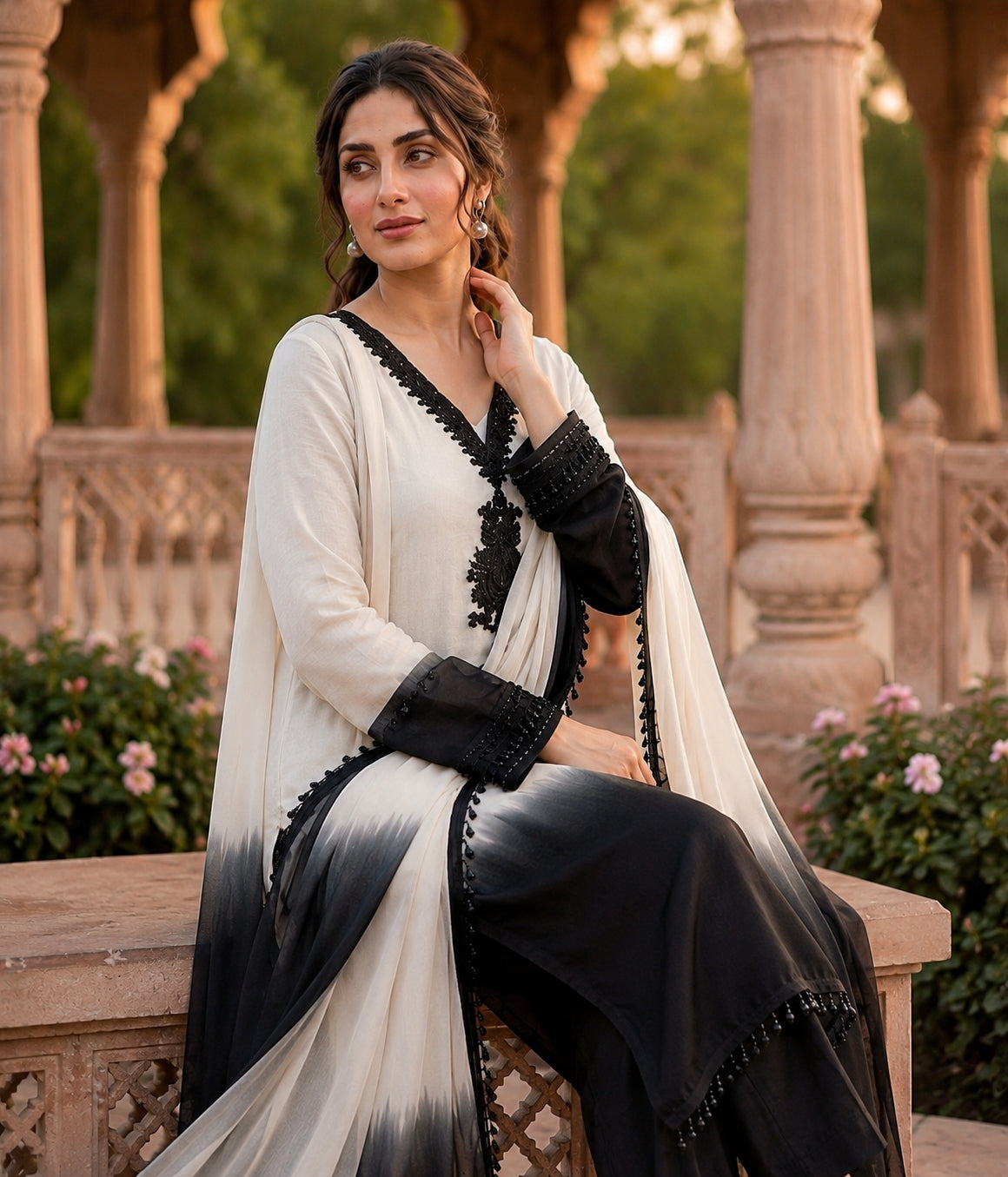 White And Black Crepe Silk Pakistani Readymade Suit