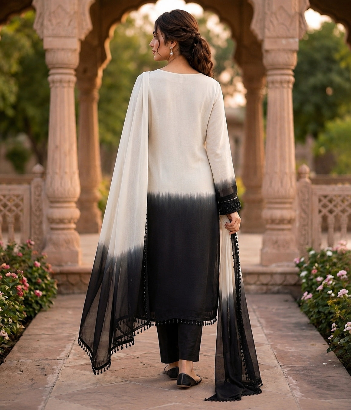 White And Black Crepe Silk Pakistani Readymade Suit