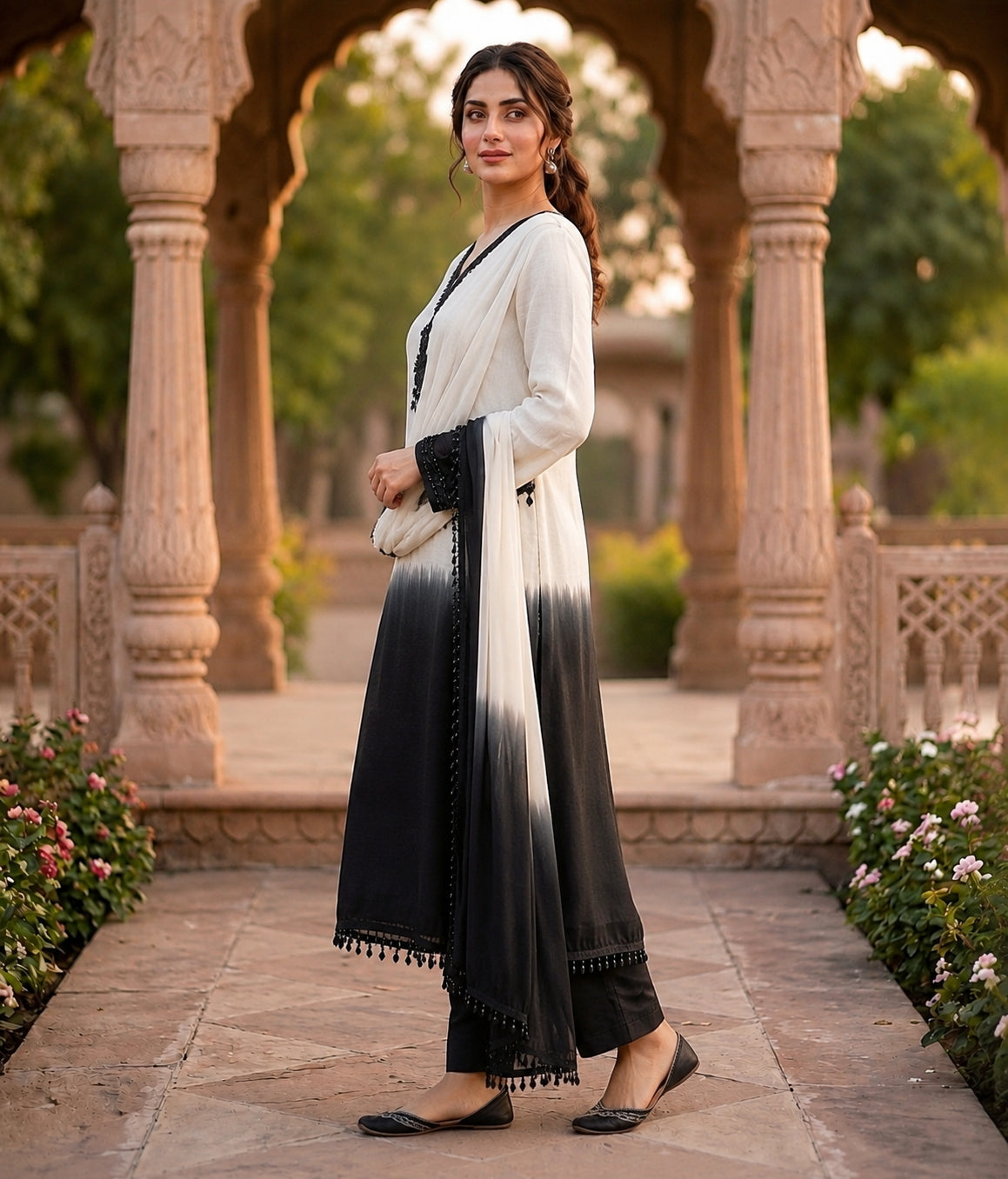 White And Black Crepe Silk Pakistani Readymade Suit