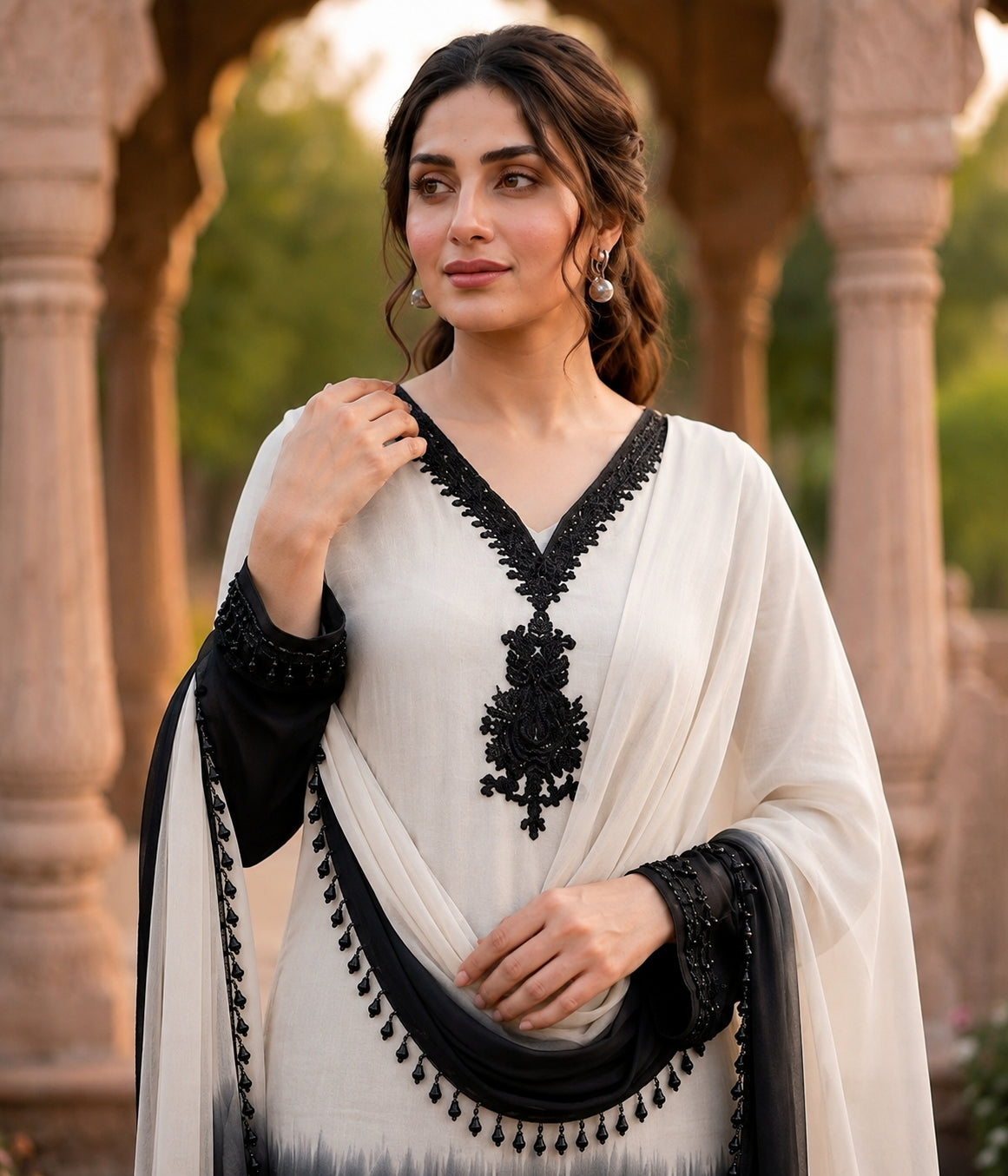 White And Black Crepe Silk Pakistani Readymade Suit