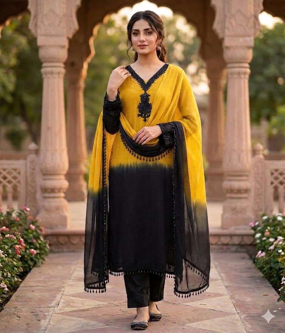 Yellow And Black Crepe Silk Pakistani Readymade Suit