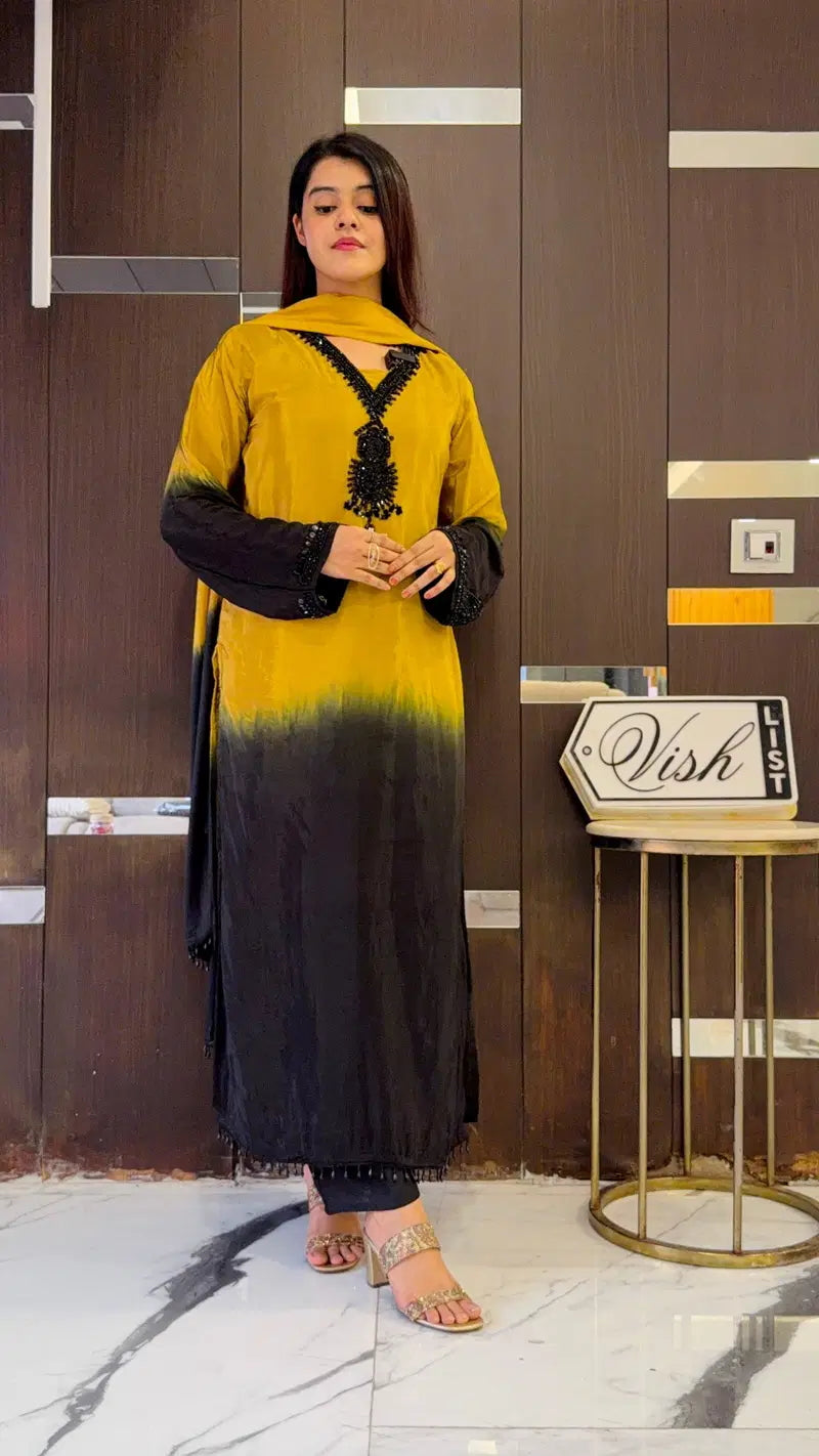Yellow And Black Crepe Silk Pakistani Readymade Suit