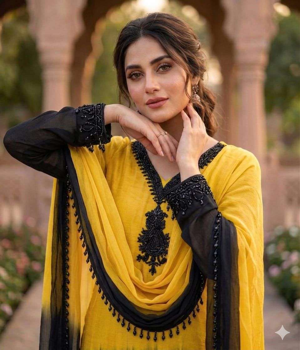 Yellow And Black Crepe Silk Pakistani Readymade Suit