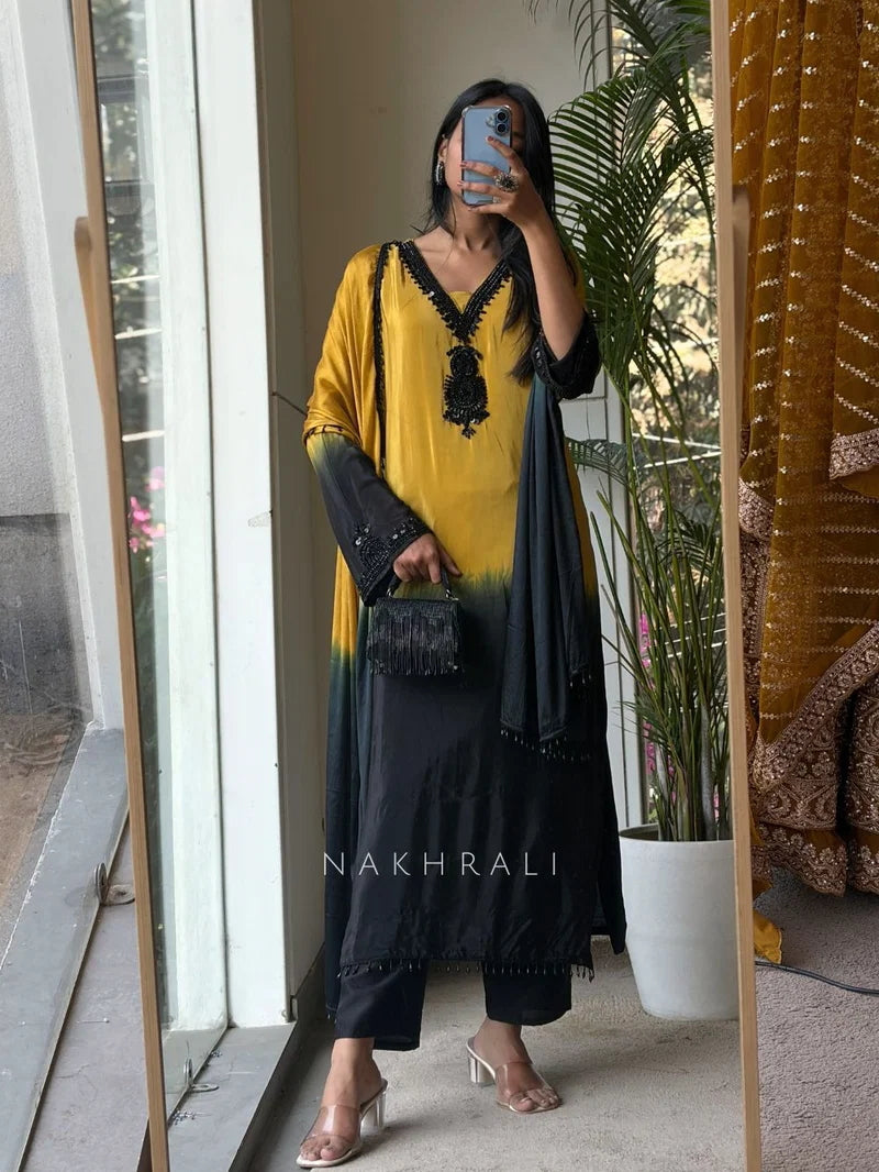 Yellow And Black Crepe Silk Pakistani Readymade Suit