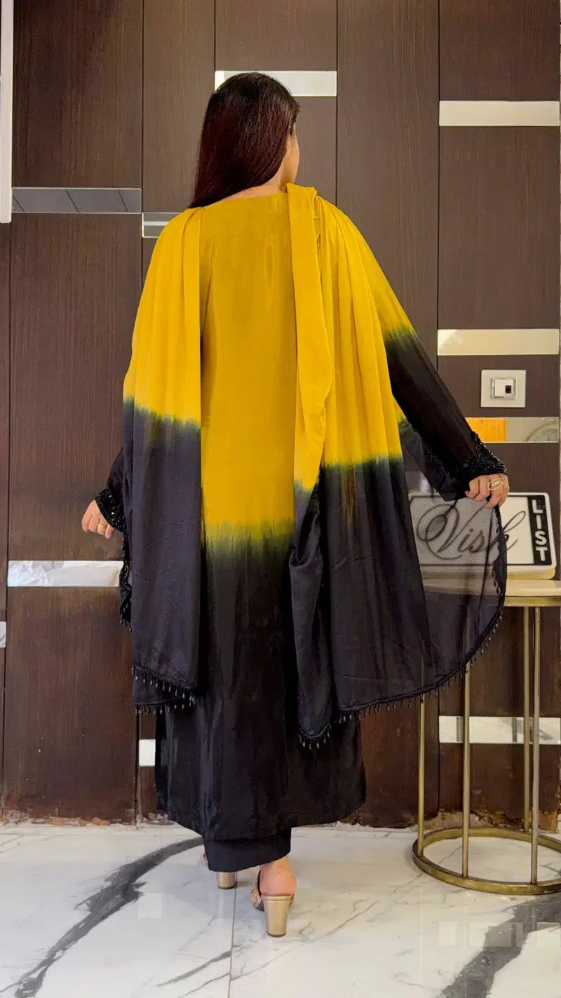 Yellow And Black Crepe Silk Pakistani Readymade Suit