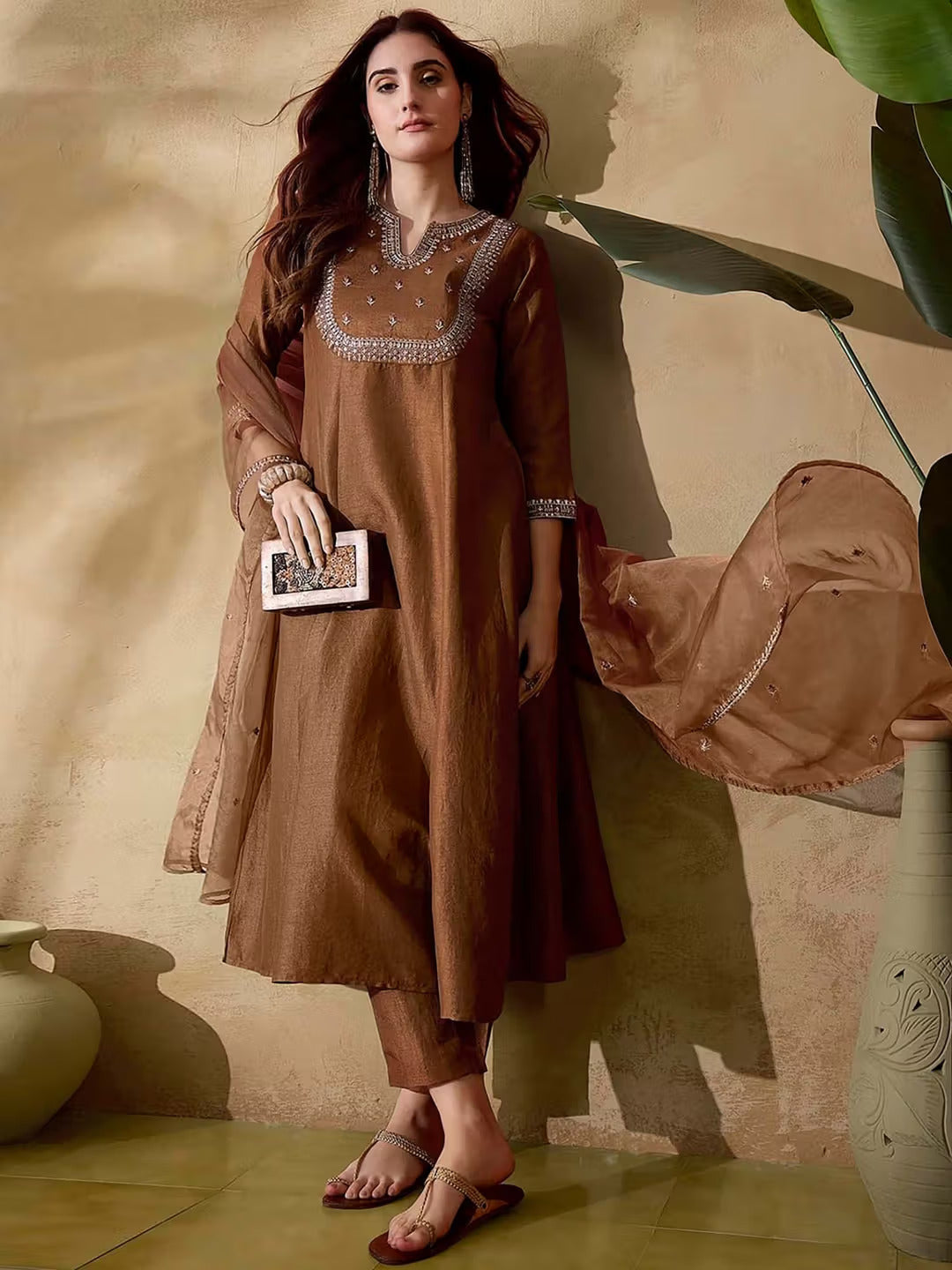 Coffee Brown Vichitra Silk Embroidered A-Line Kurta Set