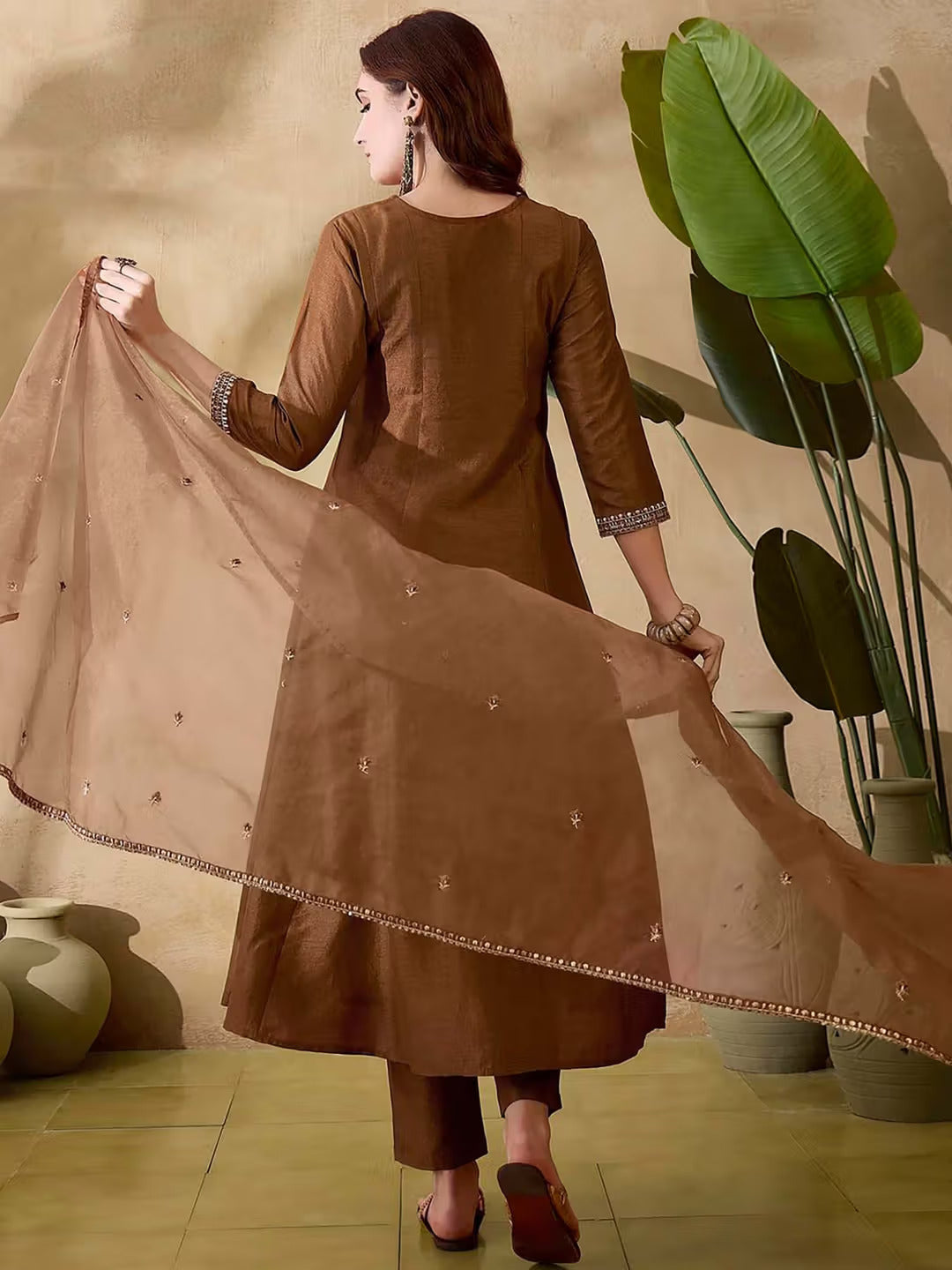 Coffee Brown Vichitra Silk Embroidered A-Line Kurta Set