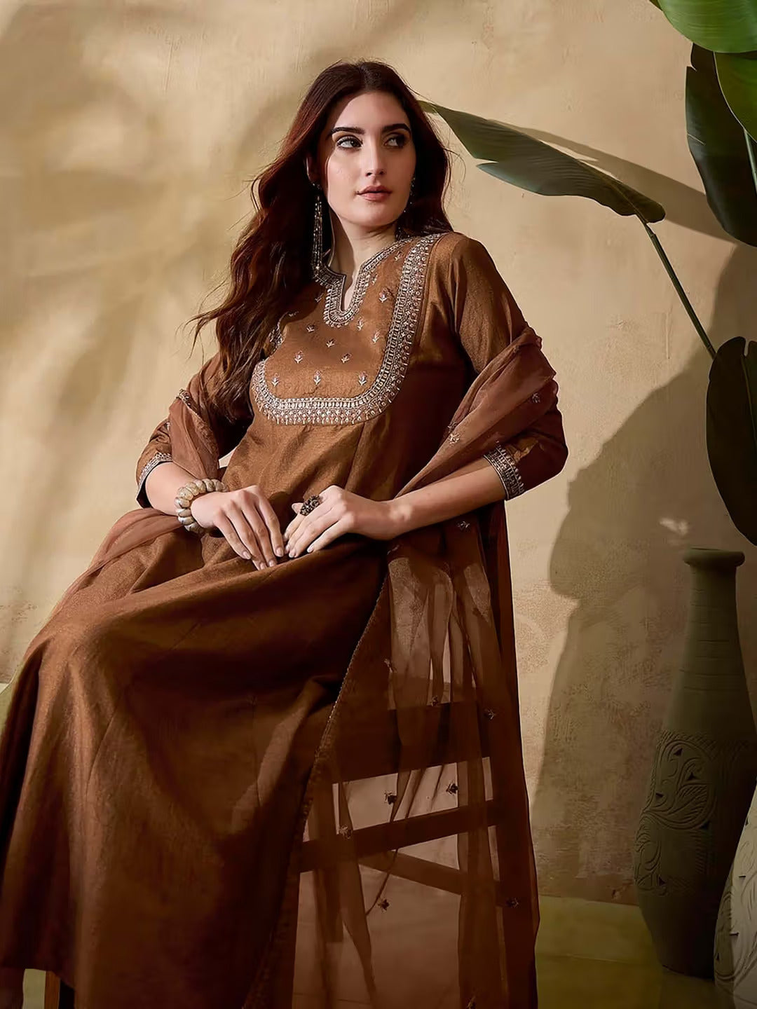 Coffee Brown Vichitra Silk Embroidered A-Line Kurta Set