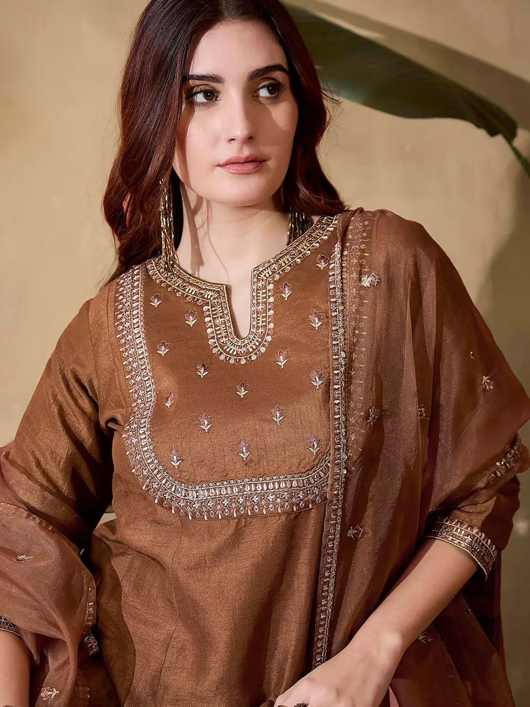 Coffee Brown Vichitra Silk Embroidered A-Line Kurta Set