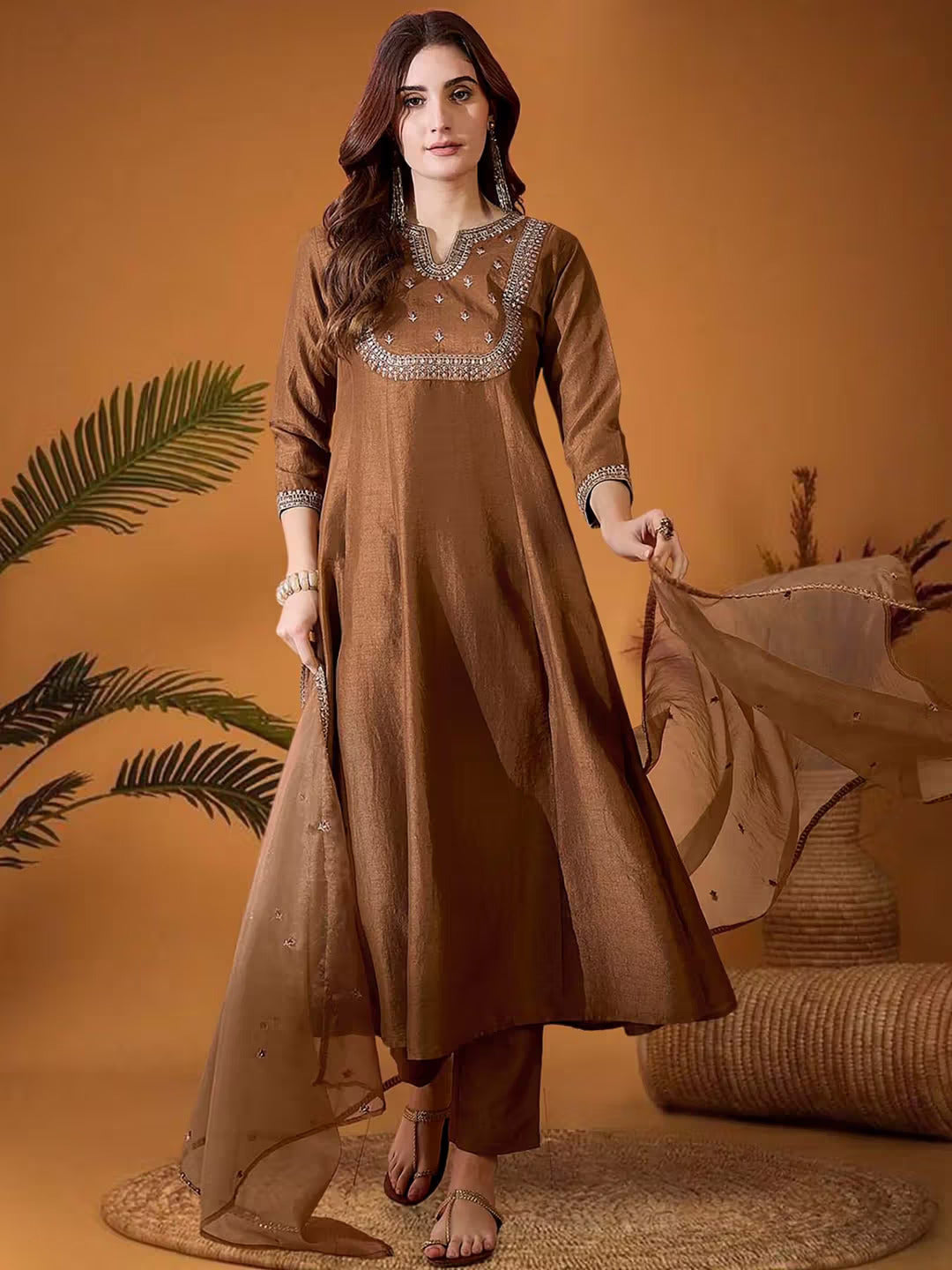 Coffee Brown Vichitra Silk Embroidered A-Line Kurta Set