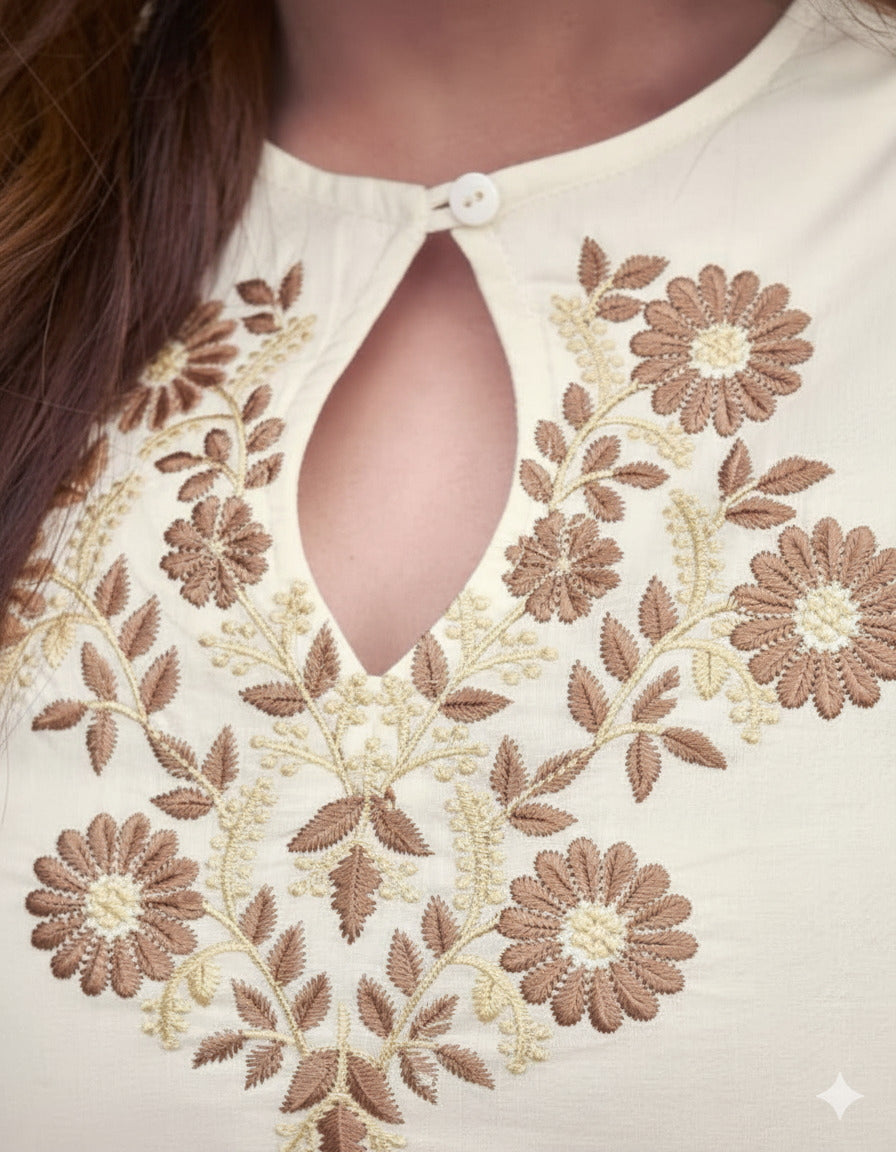 Off-White Rayon Slub Keyhole Neck Embroidered Kurta Set