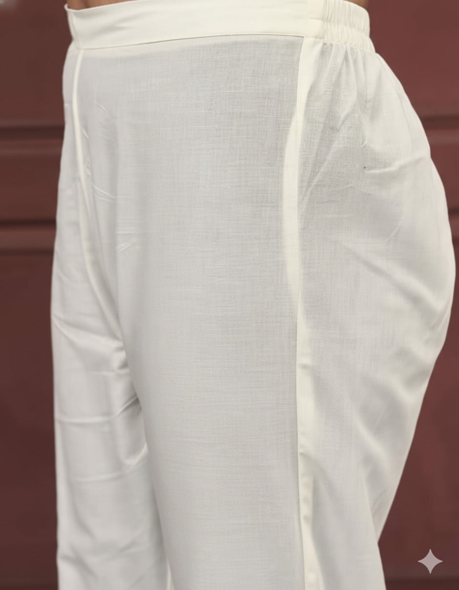 Off-White Rayon Slub Keyhole Neck Embroidered Kurta Set