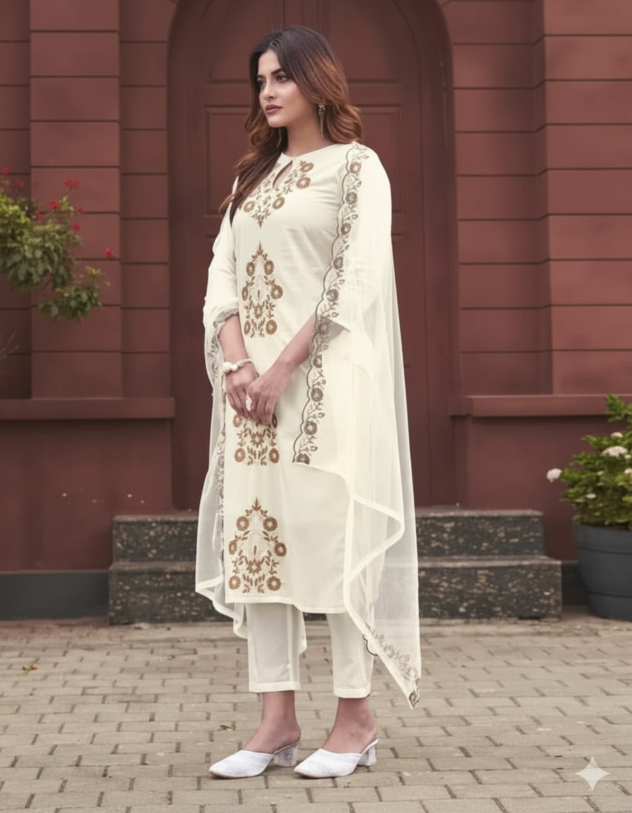 Off-White Rayon Slub Keyhole Neck Embroidered Kurta Set