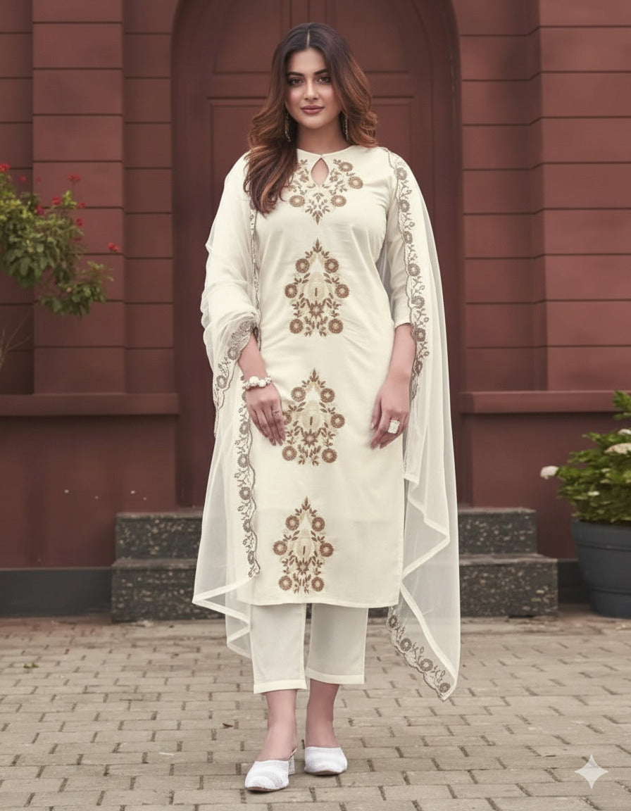 Off-White Rayon Slub Keyhole Neck Embroidered Kurta Set