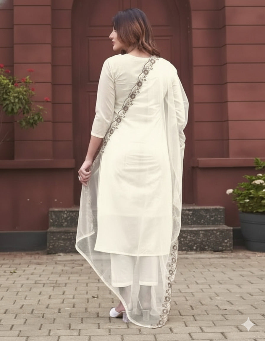 Off-White Rayon Slub Keyhole Neck Embroidered Kurta Set