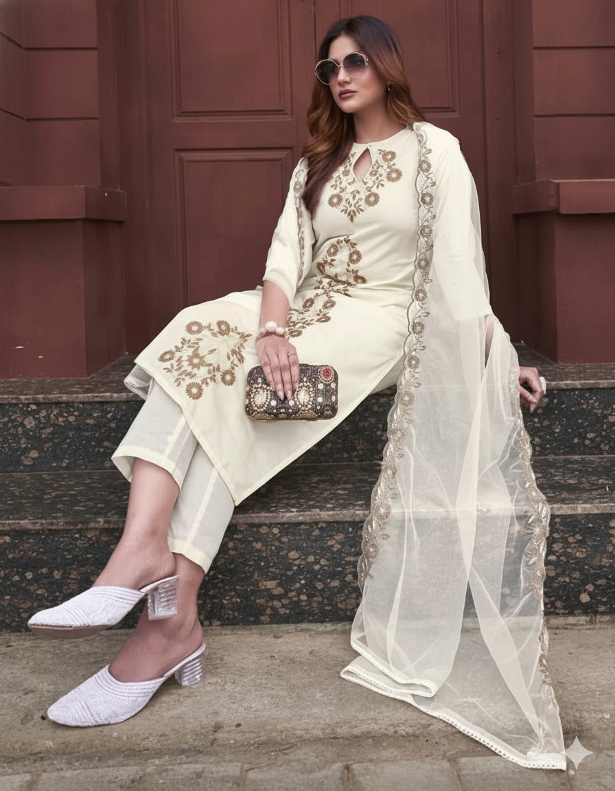 Off-White Rayon Slub Keyhole Neck Embroidered Kurta Set