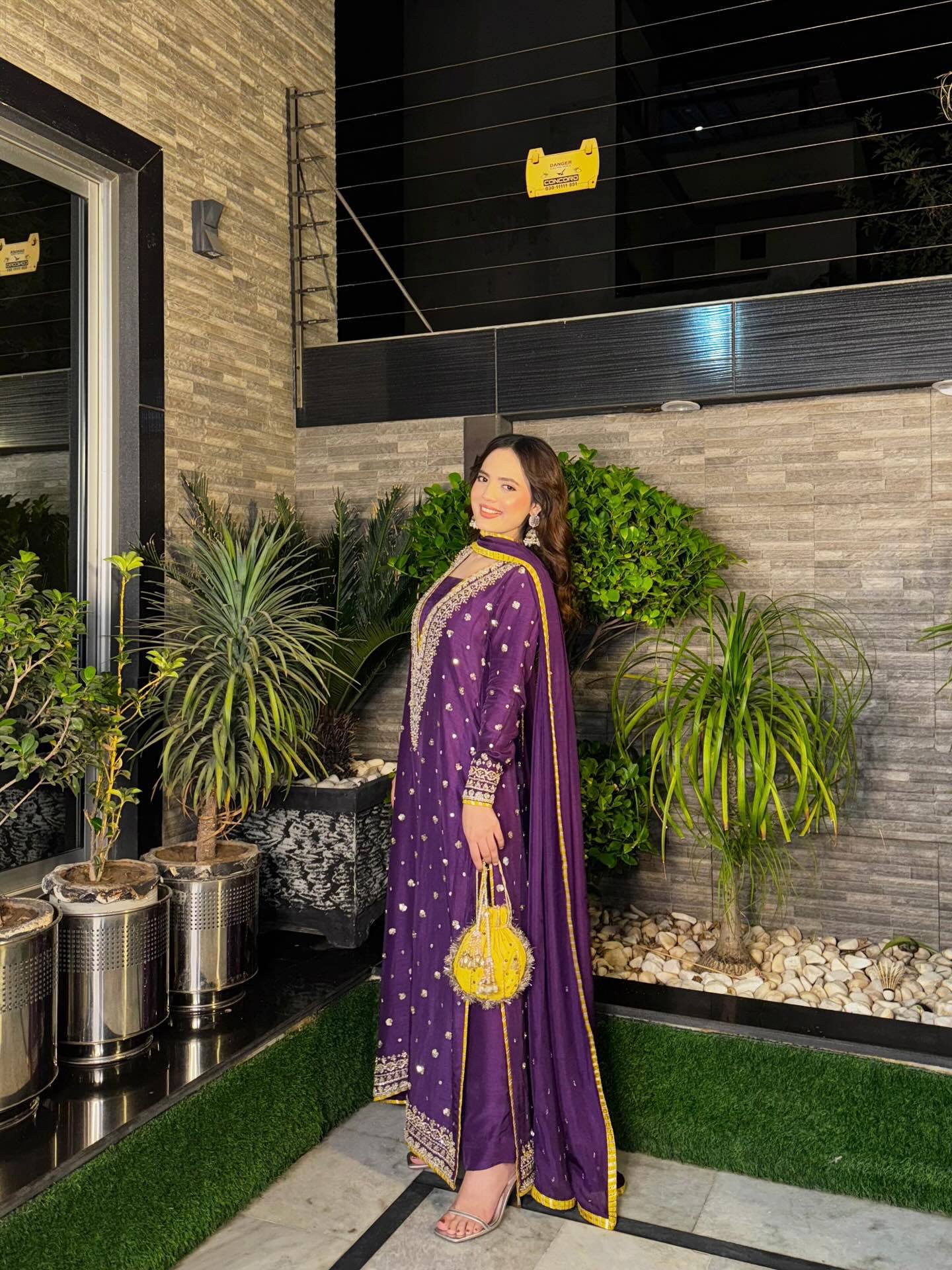 Purple Embroidered Chinon Straight Cut Suit