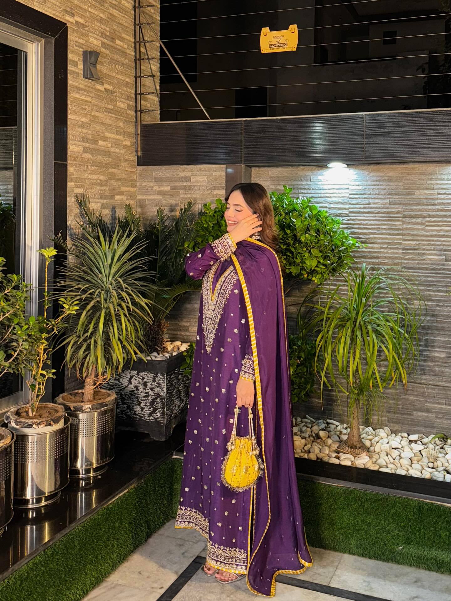 Purple Embroidered Chinon Straight Cut Suit