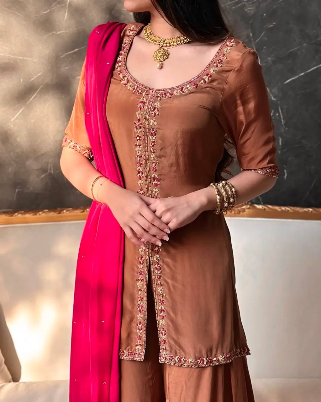 Chocolate Brown Crepe Silk Embroidery Palazzo Suit