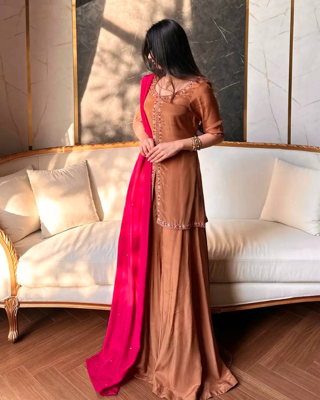Chocolate Brown Crepe Silk Embroidery Palazzo Suit