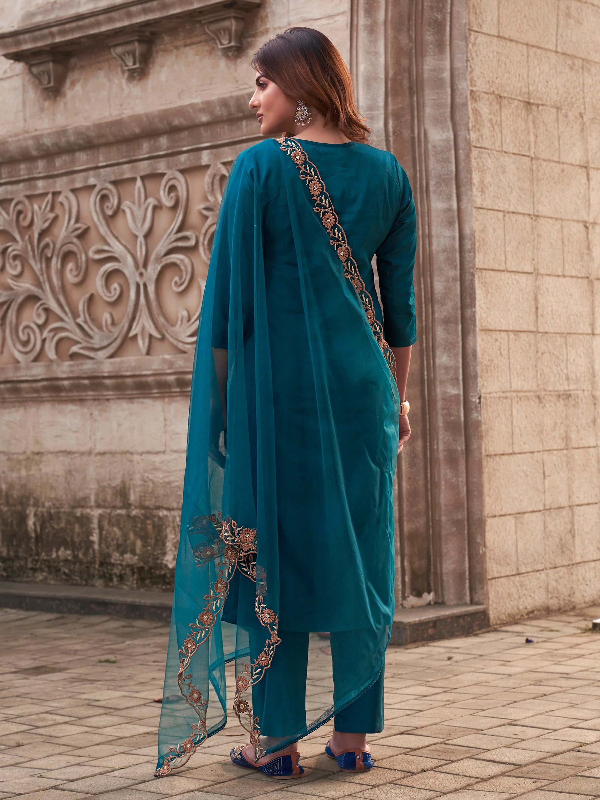 Rama Rayon Slub Keyhole Neck Embroidered Kurta Set
