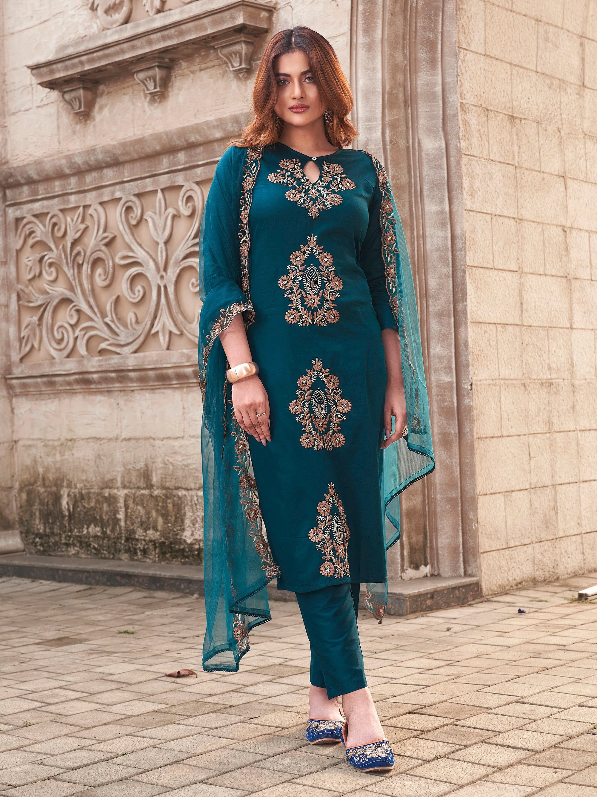 Rama Rayon Slub Keyhole Neck Embroidered Kurta Set