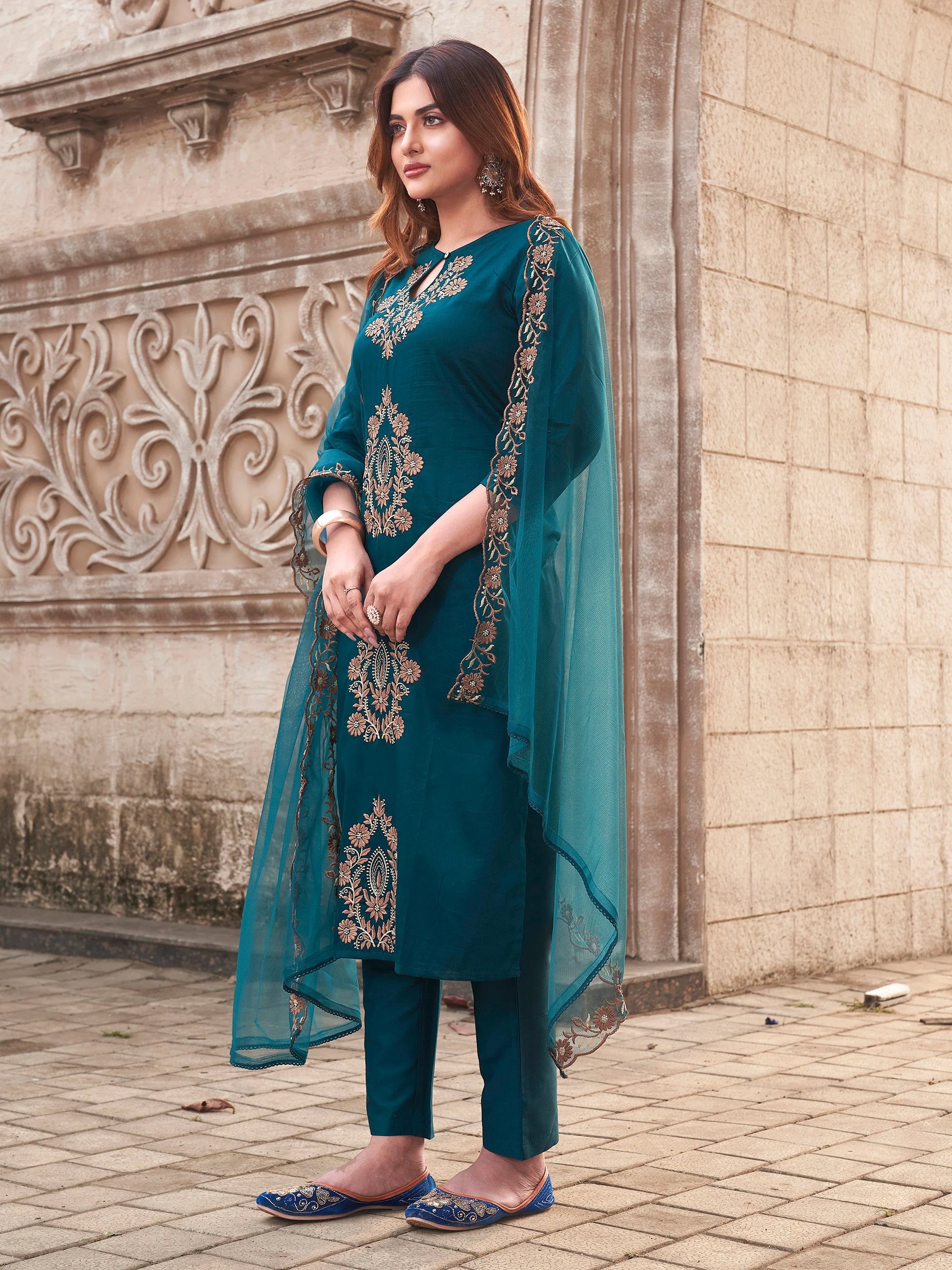 Rama Rayon Slub Keyhole Neck Embroidered Kurta Set