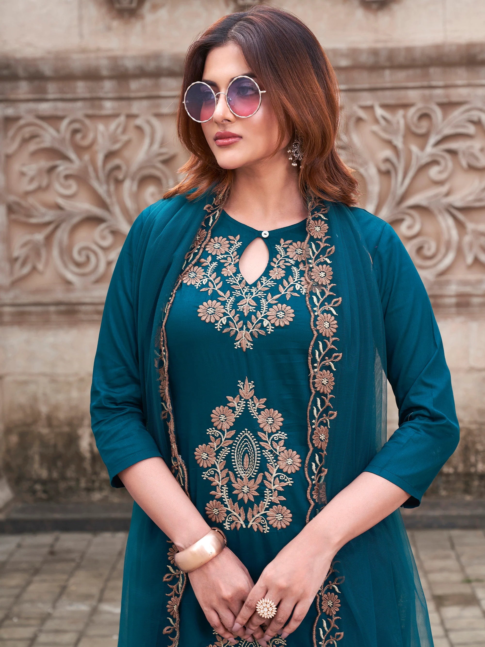 Rama Rayon Slub Keyhole Neck Embroidered Kurta Set