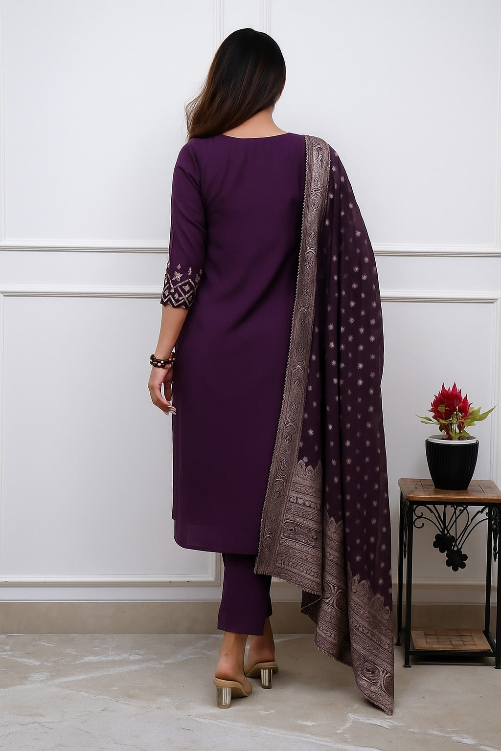 Wine Deep Purple PV Chanderi Embroidered Straight Kurta Set