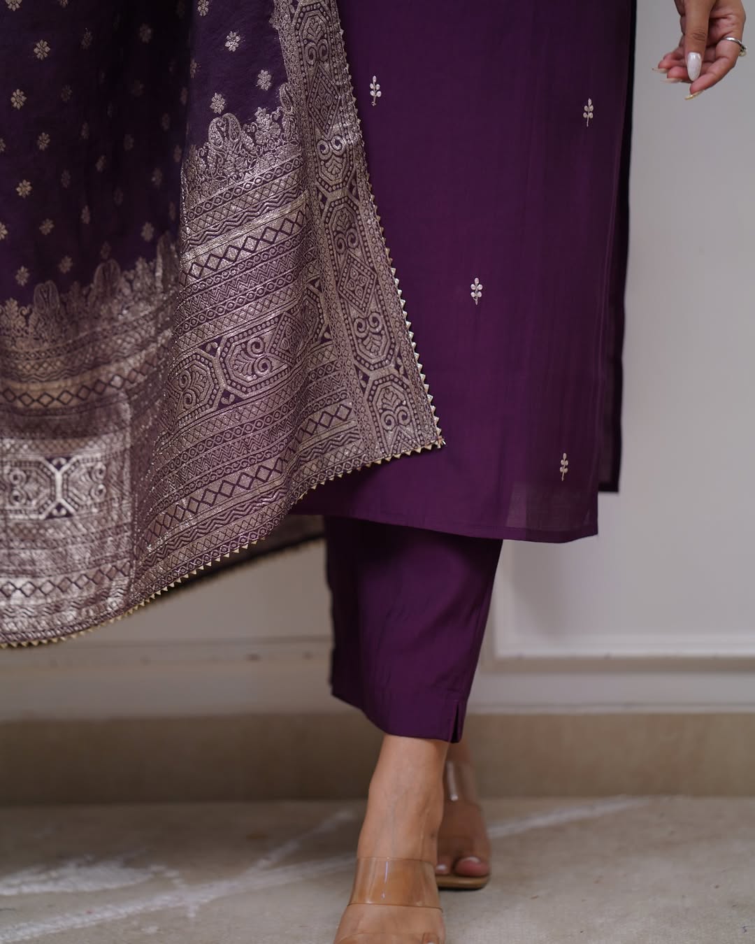 Wine Deep Purple PV Chanderi Embroidered Straight Kurta Set