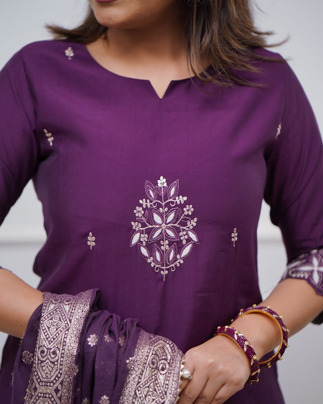 Wine Deep Purple PV Chanderi Embroidered Straight Kurta Set