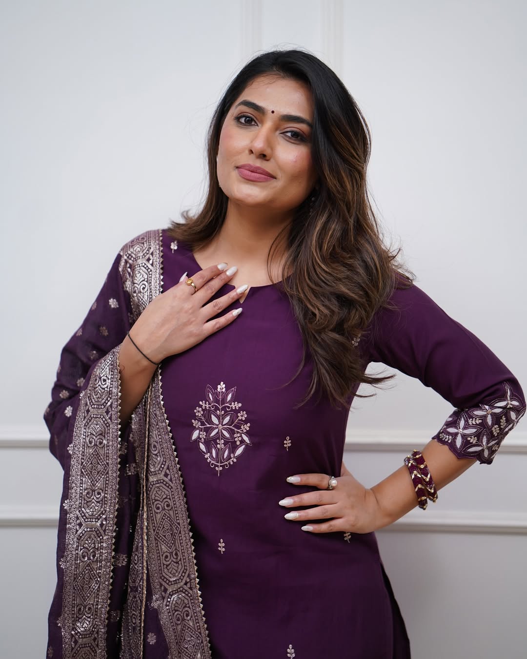 Wine Deep Purple PV Chanderi Embroidered Straight Kurta Set