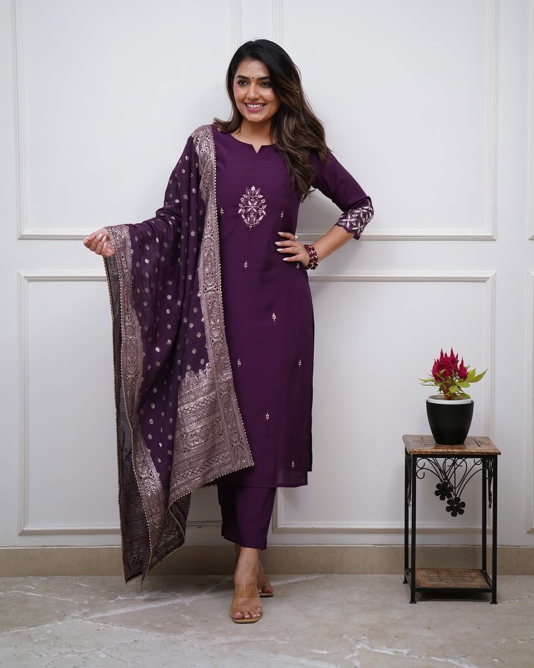 Wine Deep Purple PV Chanderi Embroidered Straight Kurta Set