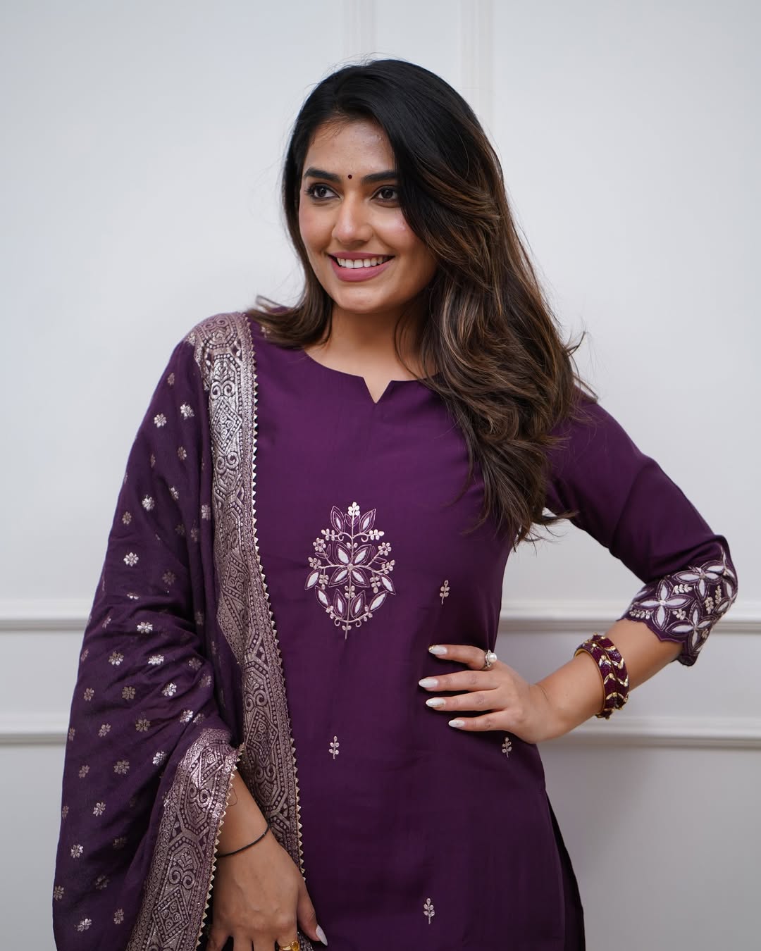 Wine Deep Purple PV Chanderi Embroidered Straight Kurta Set