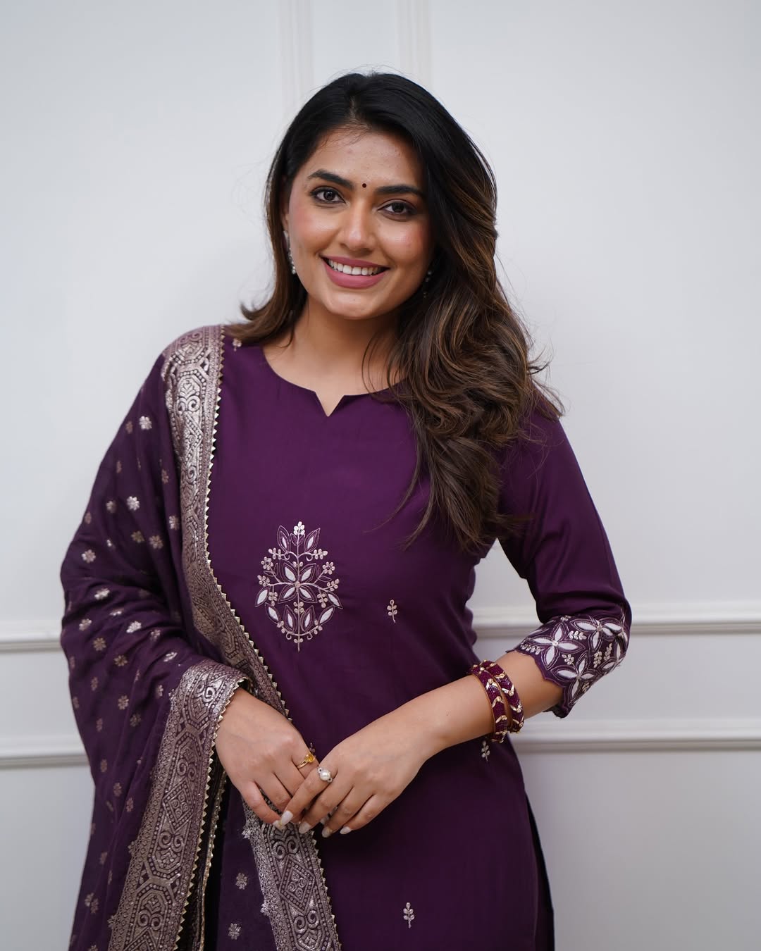 Wine Deep Purple PV Chanderi Embroidered Straight Kurta Set