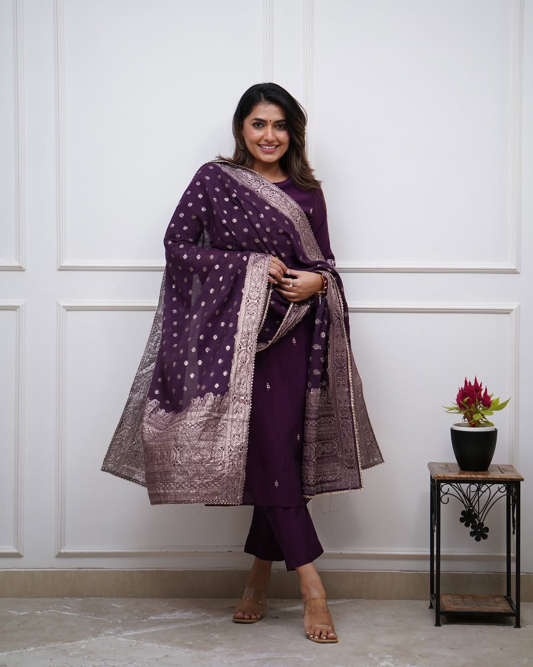 Wine Deep Purple PV Chanderi Embroidered Straight Kurta Set